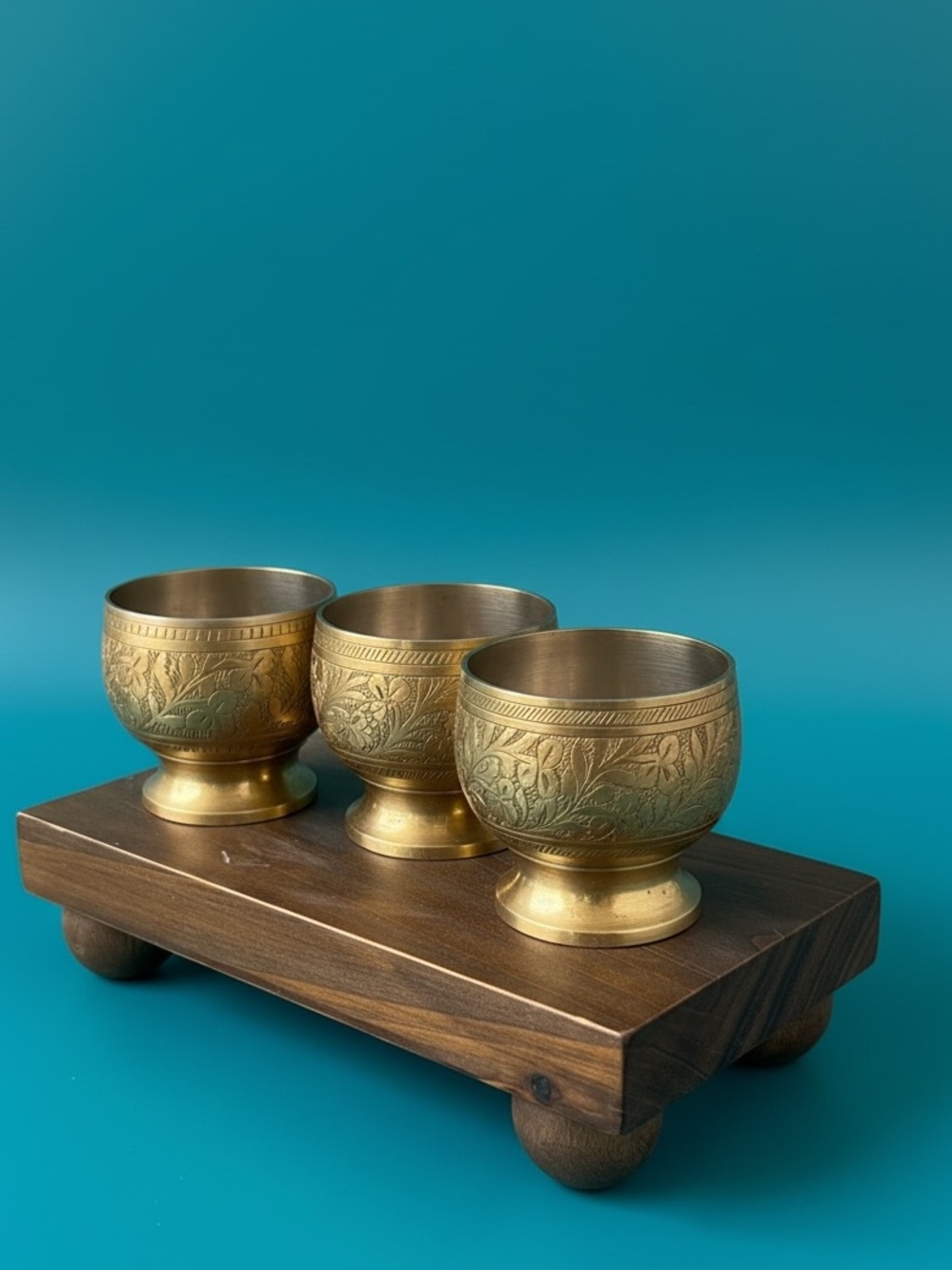 VTG Set of 3 Engraved Brass Pedestal Cups 2.5”
